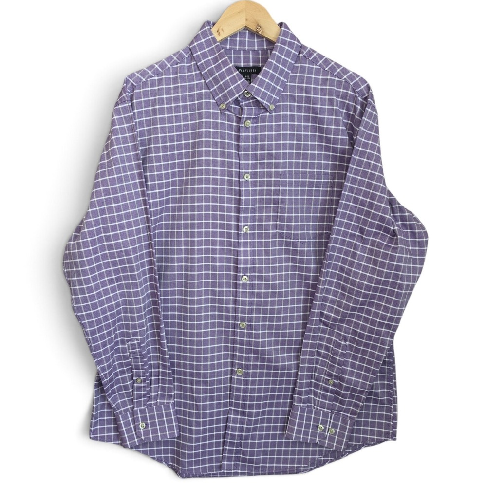 Van Heusen Dress Shirt Mens 16-16.5 Large Purple‎ Check Button Down Career